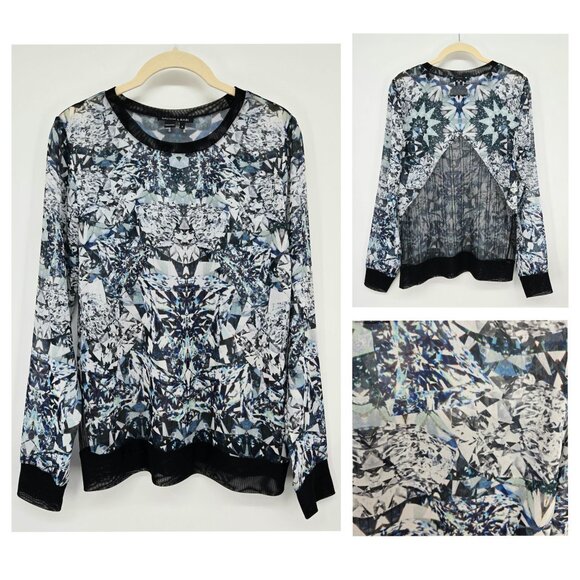 Sachin & Babi Blue Diamond Print Long Sleeve Sheer Mesh Top Women's Size 2 - Picture 1 of 12
